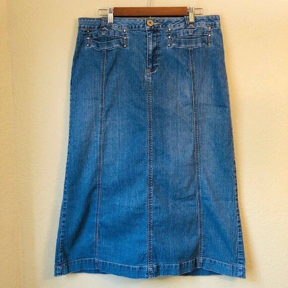 Baccini Womens Maxi Skirt 1X VTG Denim Embellished High Back Slit Country Wear - Picture 1 of 10
